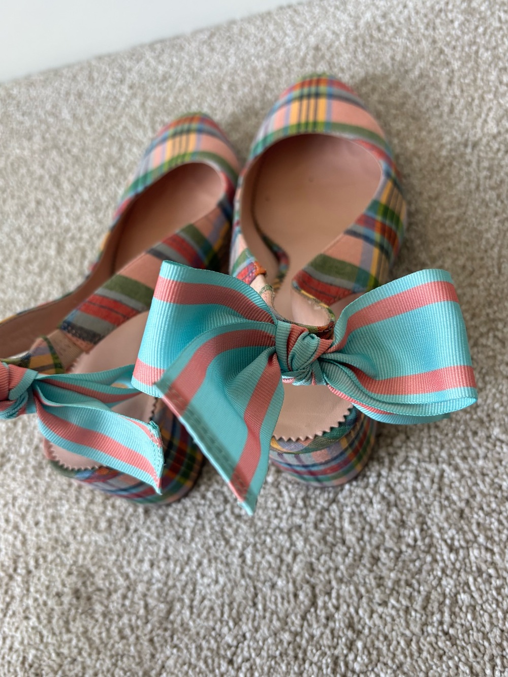 J. Crew Bow-Back Slingback Pumps Pastel Ribbon Plaid Block Heel Preppy Coquette - Picture 9 of 12